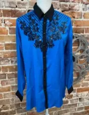 Bob Mackie Royal Blue Button Front Floral Sequin L/S Blouse Top M New