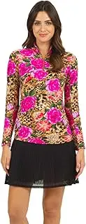 [IBKUL] Sun Protective UPF 50+ Icefil Cooling Tech Jovanna Print Long Sleeve Mock Neck Top with Under Arm Mesh 10183
