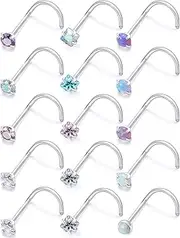 [Hoeudjo] Opal Nose Studs Surgical Steel Nose Rings Studs Cubic Zirconia L Shaped Nose Piercing Jewelry for Women 20G 18G