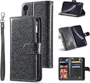 UEEBAI Wallet Case for iPhone XR, Premium Vintage PU Leather Magnetic Closure Handbag Zipper Pocket Cover Kickstand Card Holder Slots with Wrist Strap TPU Shockproof Flip Case - Glitter Black