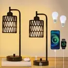 Black Boho Table Lamps Set of 2 with LED Bulbs, Rattan Bedside Lamps for Nigh...