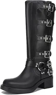 [Athlefit] Women's Knee High Riding Boots Fashion Buckle Square Toe Chunky Heel Wide Calf Biker Boots
