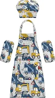 AIXIWAWA Kids Apron Chef Hat Set, Child Kitchen Bib Aprons Adjustable for Cooking Baking Painting (Trucks and Bulldozers)