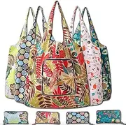 [Home Dreams] Foldable Shopping Bags with Zipper, Floral Print Reusable Totes with Matching Pouches, Set of 2