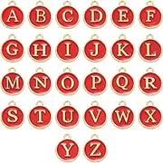 uxcell 26 Pcs Letter Charm, Alloy A-Z Initial Charm Round Alphabet Charm Pendant for Necklace Bracelet Earring Jewelry Making DIY, Red