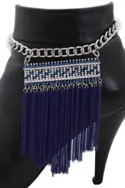 Women Silver Metal Chain Boot Bracelet Shoe Blue Long Tassel Fringe Beads Charm