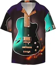 [HJLUUFT] Music Green Guitar Men's Shirts,Classic Hawaiian, Cuban Styles,Vacation Wear - Breathable Button Down Shirts for Men