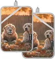AIXIWAWA Lion and Labrador Pot Holders 2 Pack, Insulated Heat Resistant Hot Pads Oven Mitts with Pocket for Kitchen Cooking Baking 7x9.8 inches