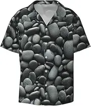 [CADREWY] Many Black Pebbles Print Men's Lightweight Stylish Classic Cuban Collar Style Short Sleeve Practical Pocket