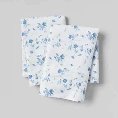Threshold Sateen Cotton White & Blue Floral 2 Standard Pillowcase Set 20" x 32"