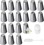 19 Pcs Russian Piping Tips Set, Grass Icing Nozzles, Cream Piping Nozzles, Stainless Steel Russian Icing Piping Nozzles Tips, Round Piping Nozzle with Coupler for Frosting Cookie Cake Cream Baking