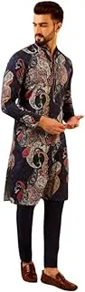 [KISAH] Men's Kurta, Navy Blue Cotton, Paisley Regular Fit Mandarin Collar Long Sleeves Kurta for Men