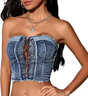 [BellaChu] Women's Denim Corset Top - Lace-Up Jean Bustier - Elastic Back Tube Top