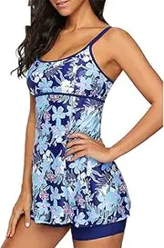 Plus Size Swimsuit Women Print Push Up Bathing Suit Women Double Shoulder Tankini Tummy Control Skirt Summer Wear