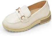 [Coutgo] Girl's Platform Loafers Slip On Chain Chunky Heel Leather Flats Round Toe School Uniform Dress Shoes