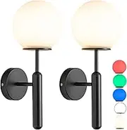 Modern Style Battery Operated Wall Light fixtures Set of 2,Wireless classwall sconces with Remote Control dimmable.Glass lampshade，Suitable for Reading, Bedroom, Corridor Lighting(Color:Black)