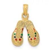 14k Yellow Gold 3D W/ Multi-Color Enamel Double Flip-Flop Charm