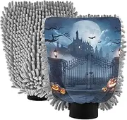 XYMZR Halloween Scary Haunted House Absorbent Microfiber Car Wash Mitt, Funny Cute Anime Scratch Free for Cars Cleaning, Home Cleaning Mitts, 2 Pack, 10.24” L x 7.09” W