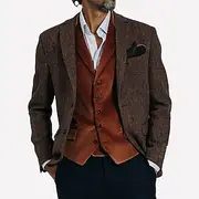 Men's Tweed Blazer Herringbone Blazer Jacket Brown Vintage Retro Wool Blazer Standard Fit Single Breasted Two-buttons