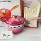 2 pcs Le Creuset Saucepan Berry 16cm & Oven Mittens NEW Cast Iron One-handed