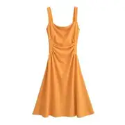 Spaghetti Strap Square-Neck Plain Ruched Midi Bodycon Dress Yellow - M