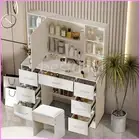 Large Vanity Dressing Table Stool Set with 7 Drawers and LED Lighted Mirror