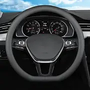 Nappa Leather Car Steering Wheel Cover for 14-15 inches, Anti-Slip Soft Leather Steering Wheel Cover Full Surround, Universal Breathable O-Shaped, D-Shaped Steering Wheel Protector (Black-D Shaped)