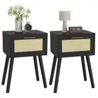 Nightstand Set of End Table, Small Bedside Table, Handmade Rattan Black 2
