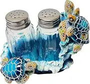 Nautical Sea Turtle Salt and Pepper Shakers Set with Holder for Beach House Interior Style - Coastal Living Room Accents, and Marine Life Theme Decorative Shakers Set