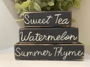 Distressed Sweet Tea Watermelon Summer Thyme Tiered Tray Shelf Sitter Wood Block