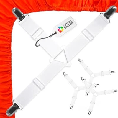 Bed Sheet Straps Set | Easy to Use Adjustable Elastic Fasteners 4 pcs White