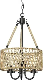 EMLIVIAR 3-Light Boho Chandelier, Farmhouse Rattan Pendant Light Large Coastal Lighting Fixtures Hanging, Hand Woven Hemp Rope Wicker Chandelier for Kitchen Island Pool Table, AUJF43-3 BK