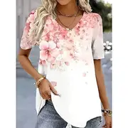 Women's T Shirt Floral Graphic Plants Vintage Fashion Hawaiian Short Sleeve V Neck Regular Tops Daily Going out Weekend Print Light Green Pink Light Blue Summe