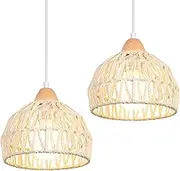 iDEGU Retro Pendant Lights Vintage Semi-Circle Style Ceiling Light E27 Wood Rattan Pendant Lamp for Bedroom, Dining Room, Kitchen, Cafe, Bar, Diameter 20 cm, White, Pack of 2
