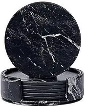 Coasters for Drinks 6 Piece with Holder Marble texture Round Cup Mat Pad Set of Home and Kitchen Use (Marble Black)