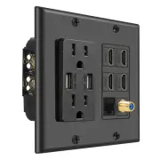 Wall Plug Outlet Plate 2 Gang Black w/ 2 USB, Power,HDMI Port, Rj45, Coaxial