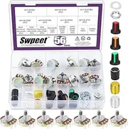 Swpeet 57Pcs Single Linear Rotary Taper Potentiometer with Plastic and Aluminum Alloy Knobs Kit, 5K 10K 50K 100K 250K 500K 1M Ohm Potentiometer Carbon file Variable Resistor for Audio Volume Control