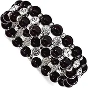 [JewelryWeb] Silver-tone Black Beads and Clear Glass Stones Stretch Bracelet 18mm Wide-Stretch-Bracelet for Women