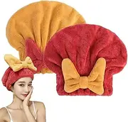 Super Absorbent Hair Towel Wrap for Wet Hair, 2/4 Pcs Microfiber Hair Towel Wrap, Bow-Knot Button-Free Coral Fleece Dry Hair Hat, for Wet Hair Long Thick Curly Hair (Yellow+Red)
