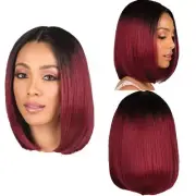 Women Black Ombre Wine Red Shoulder Length Straight Wig Middle Part Costume Hair