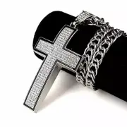 Mens Micro Pave AAA CZ Cross Pendant 30" Cuban Link Chain Necklace #N33