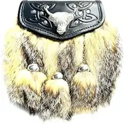 [BBI LTD] Scottish Full Dress Sporran Formal Calf Fur Celtic Embossed Traditional Leather Kilt Bag 3 Tassels with Chain Belt, Grey, One Size, Grey Fur