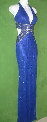 Adrianna Papell Blue Silk Bead Sequin Padded Gown Cruise Long Dress 14 exp $260