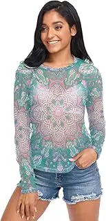 [RPLIFE] Mandala Teal Blue Mesh Sleeve Tops for Women, Sheer Blouses S-XXL