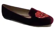 Tory Burch Flat Peace Bird Heart Embellished Sequin Red Velvet Size 8.5
