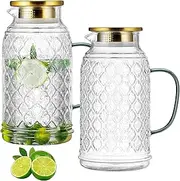Buaic Glass Pitcher with Lid, 2 PACK 84 oz/2.5L Liter Vintage Water Pitcher, Clear Borosilicate Glass Water Carafe for Cold Brew, Coffee, Lemonade, Iced Tea,Beverage, Heat Resistant Water Glass Jug