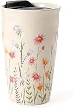 Umlaca Ceramic Coffee Mug with Lid, Double Wall Coffee Travel Mug Ceramic Tumbler 12 oz, Reusable Tall Cup, Portable, Splash Resistant Lid for Hot Tea Cold Beverage Coffee Tumbler, Dishwasher Safe