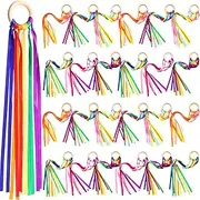 Junkin 24 Pcs Waldorf Hand Kite Wooden Rainbow Ribbon Sensory Toys Learning Montessori Waldorf Toys Rainbow Streamers with Wood Ring for Playroom Dance Birthday Gifts, 6 Styles