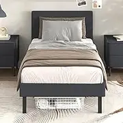 ADVWIN Single Bed Frame with Upholstered Headboard, Linen Fabric Wrapped,Strong Wooden Slats Support & Steel Frame, Bedroom Furniture, Grey