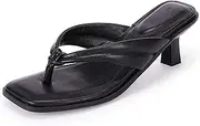 [Ownmeen] Womens Kitten Heel Thong Sandals Flip Flops Slip On Square Open Toe Slippers Low Stacked Heeled Mules
